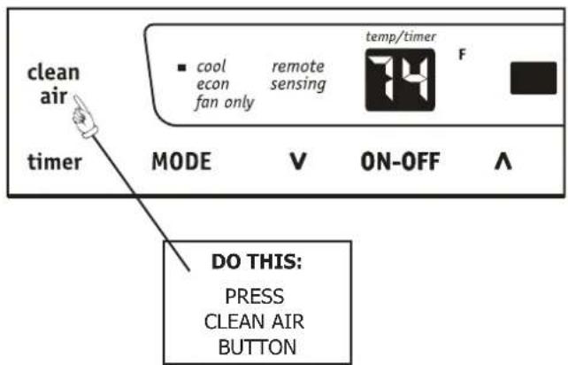 clean air timer ■ cool ecoon fan only remote sensing temp/timer F MODE V ON-OFF A DO THIS: PRESS CLEAN AIR BUTTON