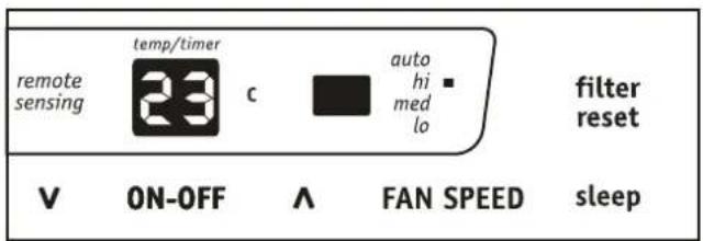 remote sensing temp/timer c auto hi med lo filter reset V ON-OFF ∧ FAN SPEED sleep