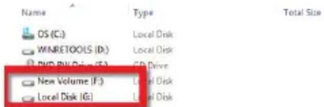 Name Type Total Size DS (C:) Local Disk WINRETOOLS (D:) Local Disk DVD BUY Drive (E:) CD Drive New Volume (F:) Local Disk Local Disk (G:)