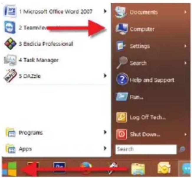 1 Microsoft Office Word 2007 2 TeamView 3 Endicia Professional 4 Task Manager 5 DAZZIE Programs Apps Documents Computer Settings Search Help and Support Run... Log Off Tech... Shut Down... Search
