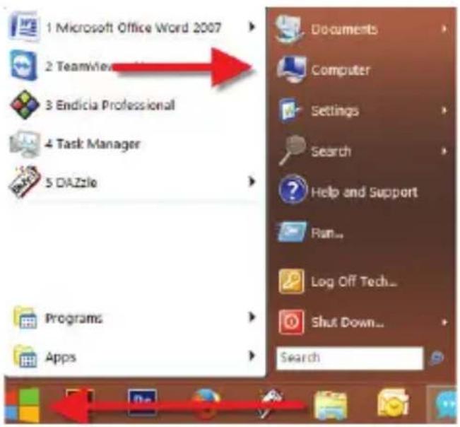 1 Microsoft Office Word 2007 2 TeamView 3 Endicia Professional 4 Task Manager 5 DAZile Programs Apps Documents Computer Settings Search Help and Support Run... Log Off Tech... Shut Down... Search