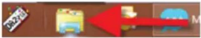 Icon set with a red arrow pointing to a yellow folder and a blue elephant, alongside a small card with '02/21' visible.