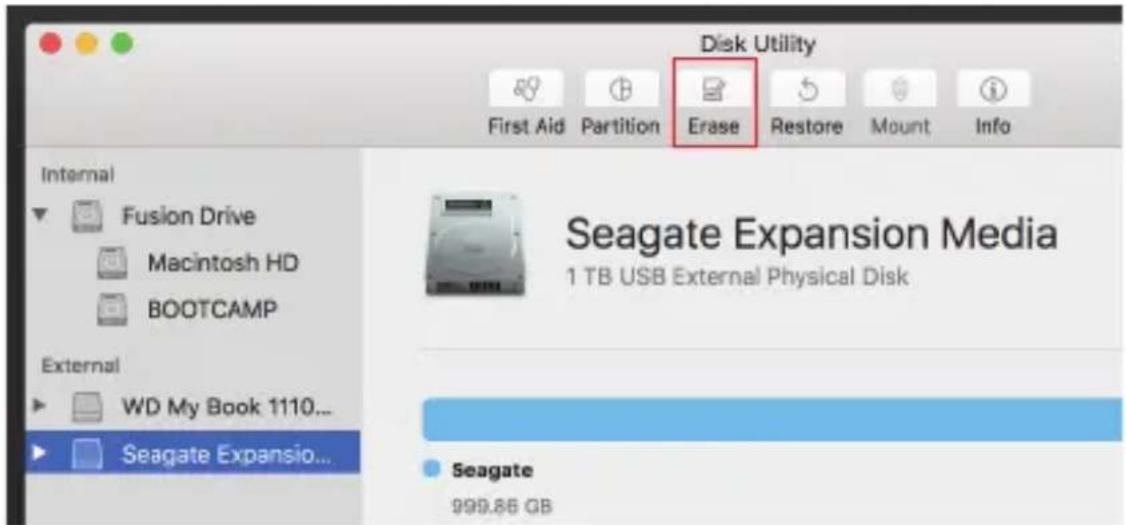 Disk Utility First Aid Partition Erase Restore Mount Info Internal Fusion Drive Macintosh HD BOOTCAMP External WD My Book 1110... Seagate Expansion... Seagate Expansion Media 1 TB USB External Physical Disk Seagate 999.86 GB