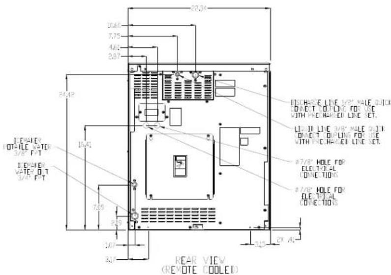 20.3" 10.68 7.75 4.65 2.87 24.42 16.41 IC#WATER HOT-ILE WATER 3/8 F-T I#WATER WATER OUT 3/8 F-T 7.69 2.59 1.07 30° IOR-HARGE LINE 1/2" MALE QUICK CONNECT COPLING FOR USE. WITH PHE-HARGED LINE SET. LIGJI LINE 3/8" MALE QUICK CONNECT COPLING FOR USE WITH PHE-HARGED LINE SET. #7/8" HOLE FOR ELECTO-L (CONNECTIONS) #7/8" HOLE FOR ELECTO-L (CONNECTIONS) 2X A2" REAR VIEW (REMOTE COOLED)