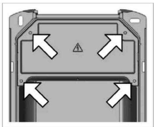 Top-down view of a vehicle chassis with four directional arrows pointing to the front panel (no text or symbols)