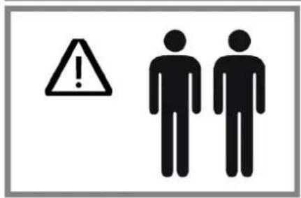 Warning sign with exclamation mark and two human figures, indicating workplace hazard or caution