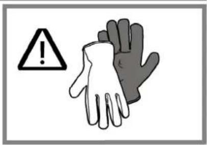 Warning symbol with exclamation mark and two gloves, indicating hazardous or hazardous items