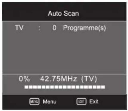 Auto Scan TV : 0 Programme(s) 0% 42.75MHz (TV) MENU Menu EXIT Exit