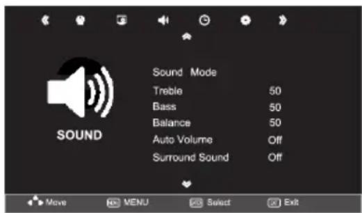 Sound Mode Treble 50 Bass 50 Balance 50 Auto Volume Off Surround Sound Off