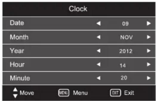 Clock Date 09 Month NOV Year 2012 Hour 14 Minute 20 Move MENU Menu EXIT Exit
