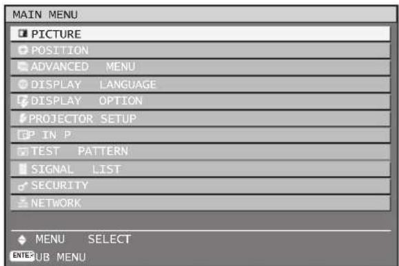 MAIN MENU PICTURE POSITION ADVANCED MENU DISPLAY LANGUAGE DISPLAY OPTION PROJECTOR SETUP IN P TEST PATTERN SIGNAL LIST SECURITY NETWORK MENU SELECT ENTERUB MENU