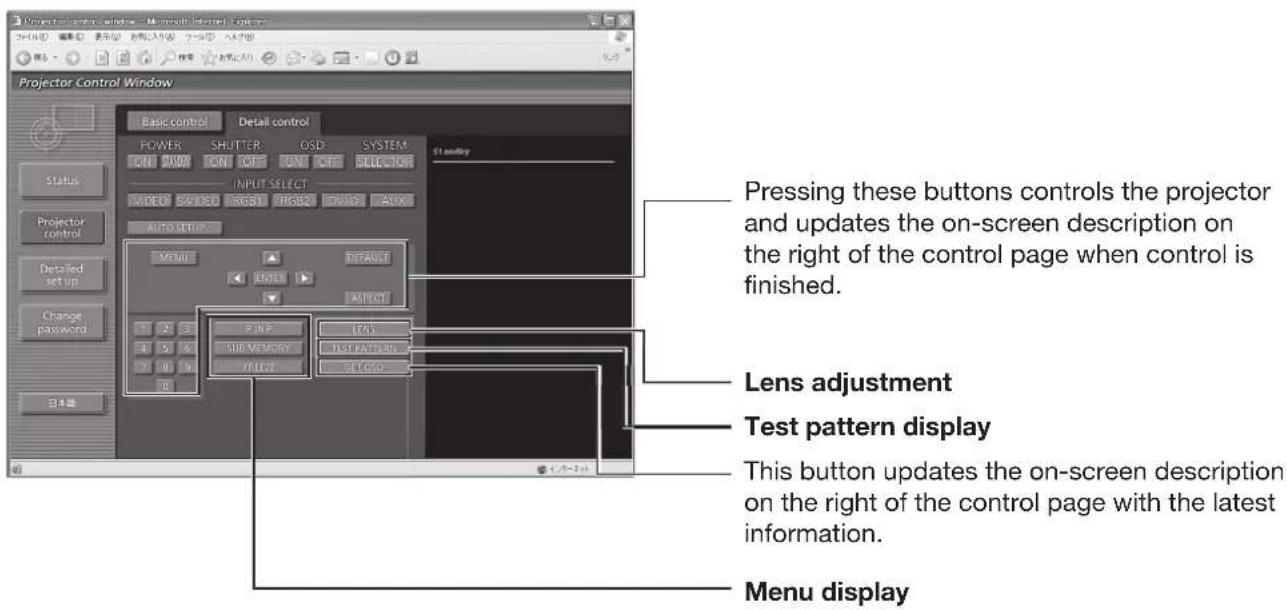Projector Control Window - Microsoft Internet Explorer Projector Control Window Basic control Detail control POWER SHUTTER OSD SYSTEM ON ON ON ON ON IN IN IN IN IN IN IN IN IN IN IN IN IN IN IN IN IN IN IN IN IN IN IN IN IN IN IN IN IN IN IN IN IN IN IN IN IN IN IN IN IN IN IN IN IN IN IN IN IN IN In In In In In In In In In In In In In In In In In In In In In In In In In In In In In In In In In In In In In In In In In In In In In In In In In In IOUTDOORING Pressing these buttons controls the projector and updates the on-screen description on the right of the control page when control is finished. Lens adjustment Test pattern display This button updates the on-screen description on the right of the control page with the latest information. Menu display
