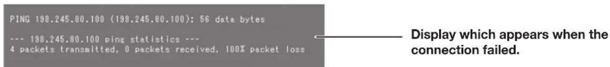 PING 198.245.80.100 (198.245.80.100): 56 data bytes --- 198.245.80.100 ping statistics --- 4 packets transmitted, 0 packets received, 100% packet loss Display which appears when the connection failed.