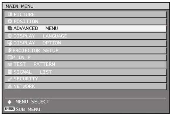 MAIN MENU PICTURE POSITION ADVANCED MENU DISPLAY LANGUAGE DISPLAY OPTION PROJECTOR SETUP IP IN P TEST PATTERN SIGNAL LIST SECURITY NETWORK MENU SELECT ENTER SUB MENU