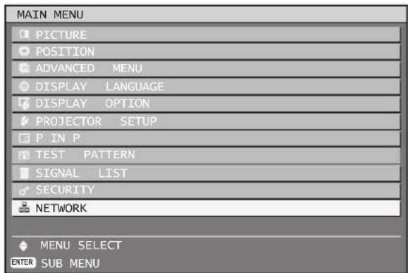 MAIN MENU PICTURE POSITION ADVANCED MENU DISPLAY LANGUAGE DISPLAY OPTION PROJECTOR SETUP P IN P TEST PATTERN SIGNAL LIST SECURITY NETWORK MENU SELECT ENTER SUB MENU