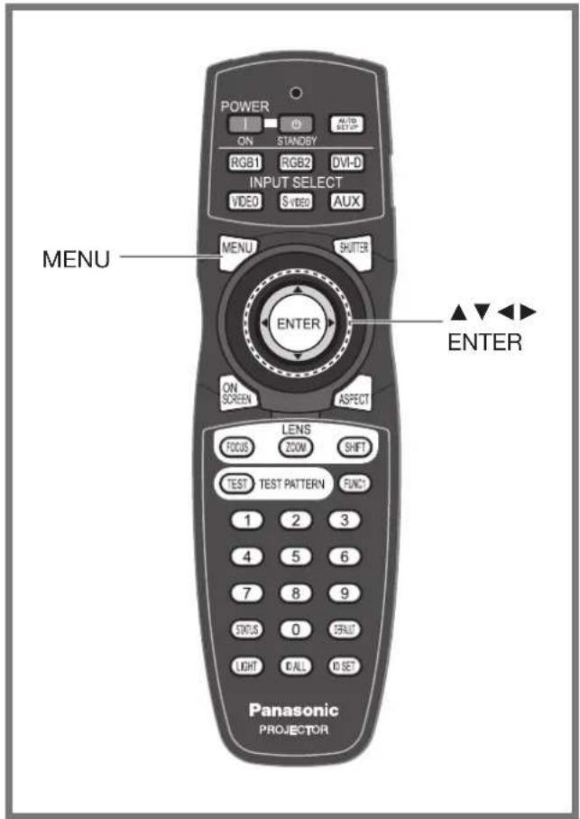 POWER ON STANDBY RGB1 RGB2 DVI-D INPUT SELECT VIDEO S VIDEO AUX MENU SHUTTER ENTER ON SCREEN ASPECT LENS FOCUS ZOOM SHIFT TEST TEST PATTERN FUNC 1 2 3 4 5 6 7 8 9 STATUS 0 GRAV LIGHT CALL IO SET MENU ENTER Panasonic PROJETOR