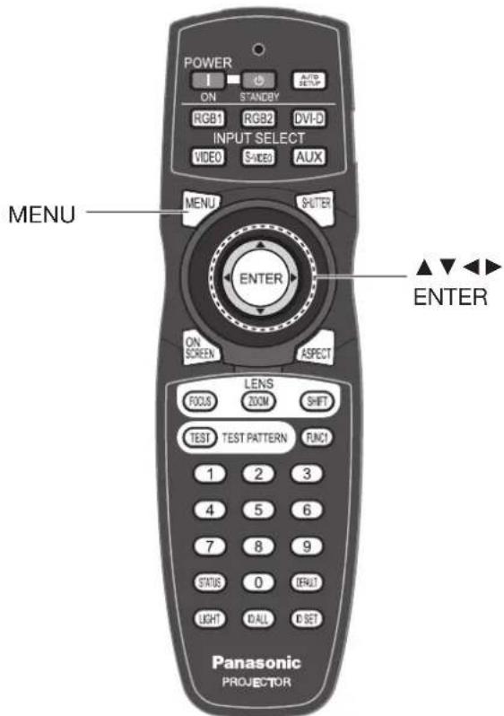 POWER I ON STANDBY RGB1 RGB2 DVI-D INPUT SELECT VIDEO S-VIDEO AUX MENU SHUTER ENTER ON SCREEN ASPECT LENS FOCUS ZOOM SHIFT TEST TEST PATTERN FUNC1 1 2 3 4 5 6 7 8 9 STATUS 0 (OUTPUT) LIGHT CALL C SET Panasonic PROJETOR
