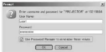 Enter username and password for "PROJECTOR" at 192.10808 User Name: user1 Password: ****** Use Password Manager to remember these values OK Cancel