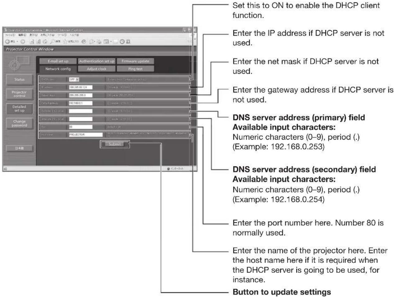 Set this to ON to enable the DHCP client function. Enter the IP address if DHCP server is not used. Enter the net mask if DHCP server is not used. Enter the gateway address if DHCP server is not used. DNS server address (primary) field Available input characters: Numeric characters (0–9), period (.) (Example: 192.168.0.253) DNS server address (secondary) field Available input characters: Numeric characters (0–9), period (.) (Example: 192.168.0.254) Enter the port number here. Number 80 is normally used. Enter the name of the projector here. Enter the host name here if it is required when the DHCP server is going to be used, for instance. Button to update settings
