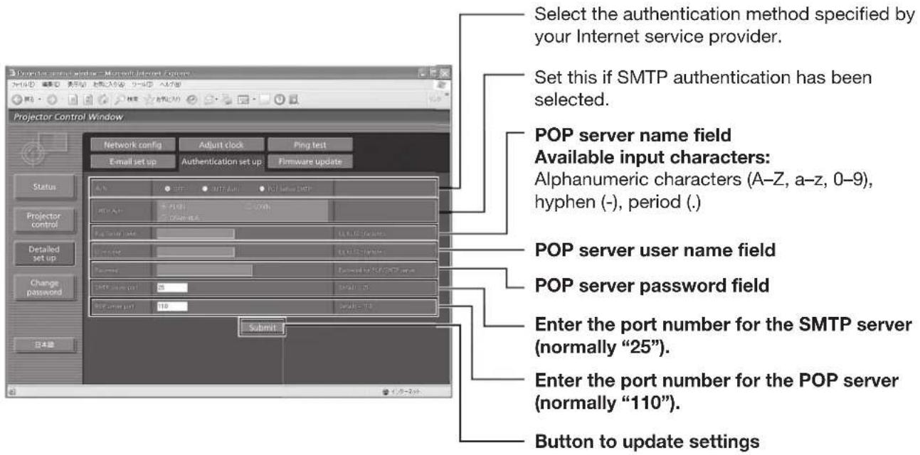 Select the authentication method specified by your Internet service provider. Set this if SMTP authentication has been selected. POP server name field Available input characters: Alphanumeric characters (A-Z, a-z, 0-9), hyphen (-), period (.) POP server user name field POP server password field Enter the port number for the SMTP server (normally "25"). Enter the port number for the POP server (normally "110"). Button to update settings