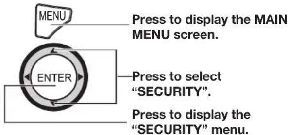 MENU Press to display the MAIN MENU screen. ENTER Press to select "SECURITY". Press to display the "SECURITY" menu.