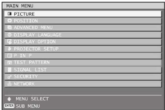MAIN MENU PICTURE POSITION ADVANCED MENU DISPLAY LANGUAGE DISPLAY OPTION PROJECTOR SETUP P IN P TEST PATTERN SIGNAL LIST SECURITY NETWORK MENU SELECT ENTER SUB MENU