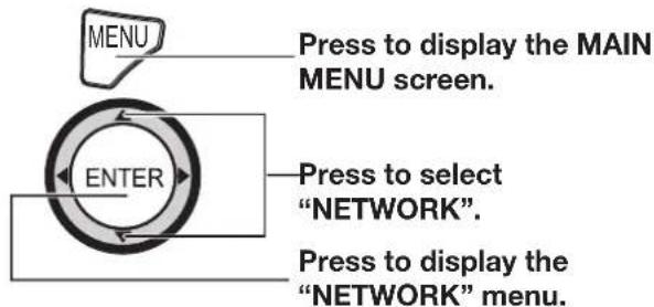 MENU Press to display the MAIN MENU screen. ENTER Press to select "NETWORK". Press to display the "NETWORK" menu.
