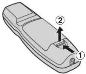 Diagram of a mobile phone rear panel with labeled parts 1, 2, and directional arrows indicating movement or insertion.