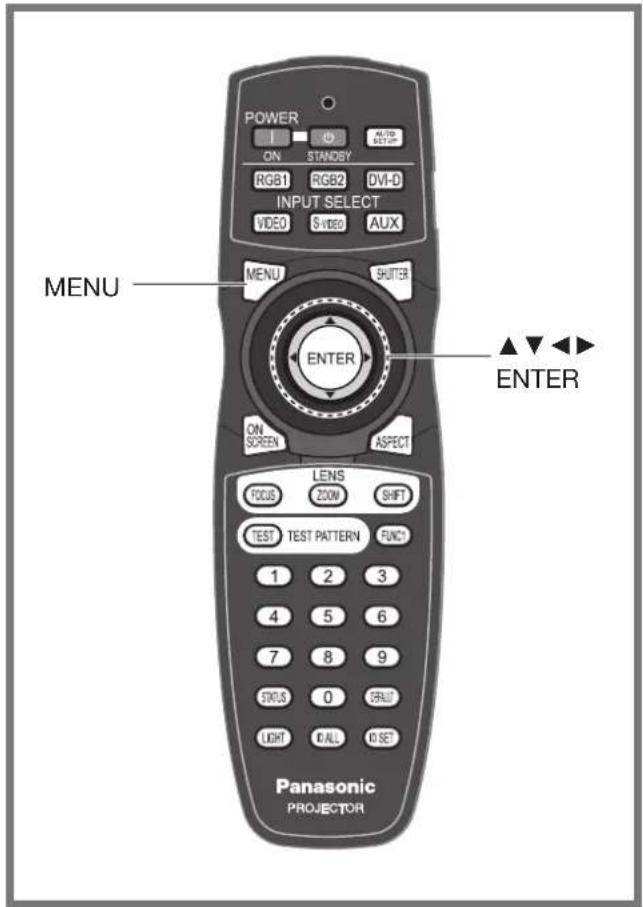 POWER ON STANDBY RGB1 RGB2 DVI-D INPUT SELECT VIDEO S VIDEO AUX MENU SHUTTER ENTER ON SCREEN ASPECT LENS FOCUS ZOOM SHIFT TEST TEST PATTERN FUNC1 1 2 3 4 5 6 7 8 9 STATUS 0 GRAV1 LIGHT CALL IO SET MENU ENTER Panasonic PROJETOR