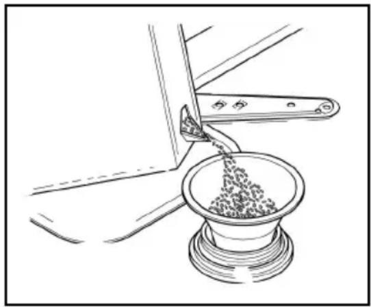 Line drawing of a mechanical device pouring granular material into a bowl (no text or symbols)