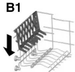 Mechanical assembly diagram showing a rack with a triangular component and a downward arrow, labeled B1 (no text or symbols on the diagram itself)