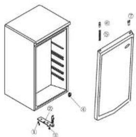 Technical diagram of a refrigerator with numbered parts for identification and assembly reference