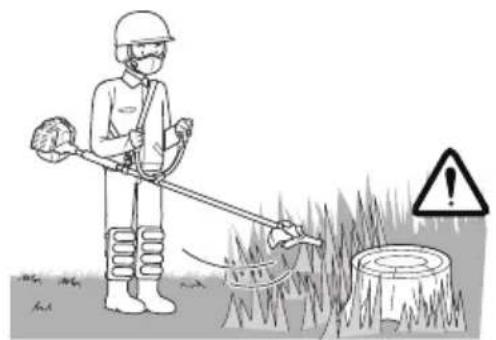 Illustration of a worker in protective gear using a shoveling machine to clean tree stumps, with warning symbol and text labels