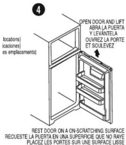 4 locations) (icaciones) (es emplacements) OPEN DOOR AND LIFT ABRA LA PUERTA Y LEVANTELA OUVREZ LA PORTE ET SOULEVEZ REST DOOR ON A ON-SCRATCHING SURFACE RECUESTE LA PUERTA EN UNA SUPERFICIE QUE NO RAYE PLACEZ LES PORTES SUR UNE SURFACE LISSE