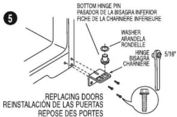 BOTTOM HINGE PIN PASADOR DE LA BISAGRA INFERIOR FICHE DE LA CHARNIERE INFÉRIEURE WASHER ARANDELA RONDELLE HINGE BISAGRA CHARNIERE 5/16" REPLACING DOORS REINSTALACIÓN DE LAS PUERTAS REPOSE DES PORTES