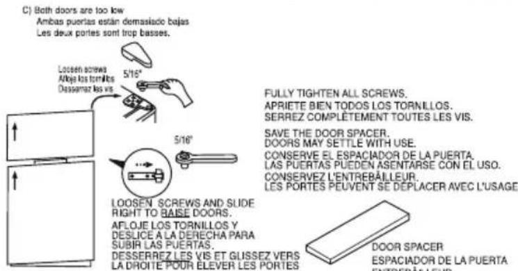 C) Both doors are too low Ambas puertas están demasiado bajas Les deux portes sont trop basses. Loosen screws Afloje los tornillos Dessemez les vis 5/16" 5/16" LOOSEN SCREWS AND SLIDE RIGHT TO BAISE DOORS. AFLOJE LOS TORNILLOS Y DESLICE A LA DERECHA PARA SUBIR LAS PUERTAS. DESSERREZ LES VIS ET GLISSEZ VERS LA DHOITE POUR ELEVER LES PORTES FULLY TIGHTEN ALL SCREWS. APRIETE BIEN TODOS LOS TORNILLOS. SERREZ COMPLETLEMENT TOUTES LES VIS. SAVE THE DOOR SPACER. DOORS MAY SETTLE WITH USE. CONSERVE EL ESPACIADOR DE LA PUERTA. LAS PUERTAS PUEDEN ASENTARSE CON EL USO. CONSERVEZ L'ENTREBÄLLEUR. LES PORTES PEUVENT SE DEPLACER AVEC L'USAGE DOOR SPACER ESPACIADOR DE LA PUERTA ENTREBÄLLEUR