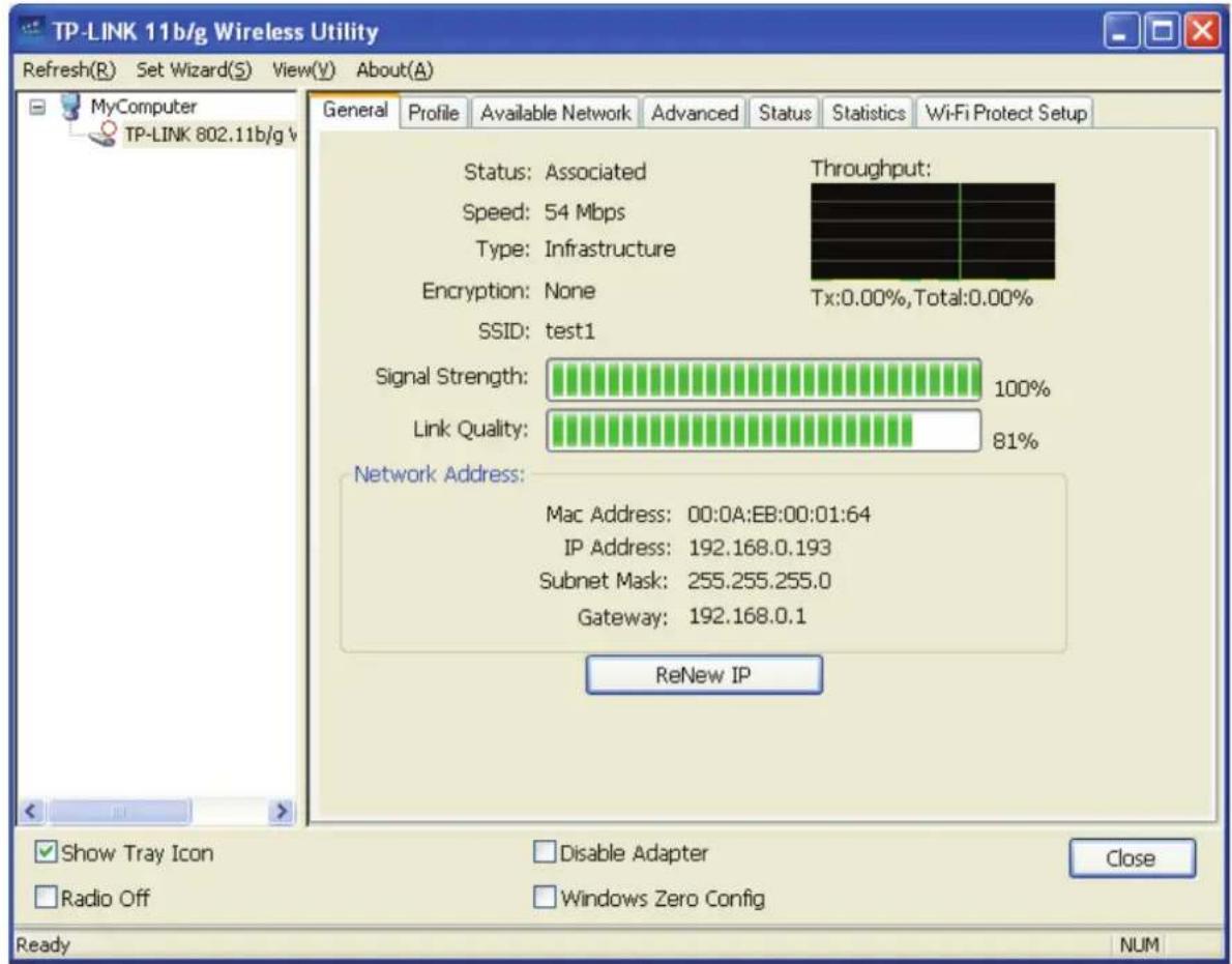 TP-LINK 11b/g Wireless Utility Refresh(R) Set Wizard(S) View(V) About(A) MyComputer TP-LINK 802.11b/g v General Profile Available Network Advanced Status Statistics Wi-Fi Protect Setup Status: Associated Speed: 54 Mbps Type: Infrastructure Encryption: None SSID: test1 Signal Strength: 100% Link Qual…