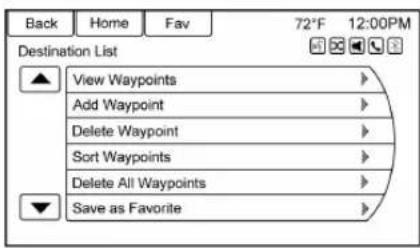 Back Home Fav 72°F 12:00PM Destination List View Waypoints Add Waypoint Delete Waypoint Sort Waypoints Delete All Waypoints Save as Favorite