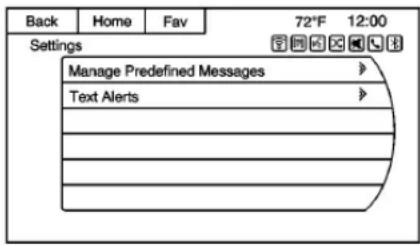 Back Home Fav 72°F 12:00 Settings Manage Predefined Messages Text Alerts