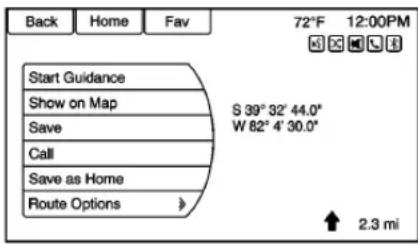 Back Home Fav 72°F 12:00PM Start Guidance Show on Map S 39° 32' 44.0" Save W 82° 4' 30.0" Call Save as Home Route Options > 2.3 mi