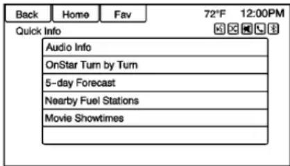 Back Home Fav 72°F 12:00PM Quick Info Audio Info OnStar Turn by Turn 5-day Forecast Nearby Fuel Stations Movie Showtimes