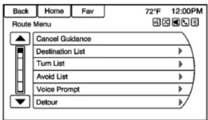 Back Home Fav 72°F 12:00PM Route Menu Cancel Guidance Destination List Turn List Avoid List Voice Prompt Detour