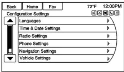 Back Home Fav 72°F 12:00PM Configuration Settings Languages Time & Date Settings Radio Settings Phone Settings Navigation Settings Vehicle Settings