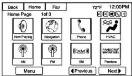 Back Home Fav 72°F 12:00PM Home Page 1of 3 Now Playing Navigation Phone HVAC AM FM XM PANDORA® PANANA MOCA Pandora Menu Previous Next