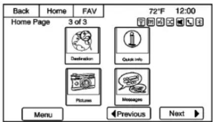 Back Home FAV 72°F 12:00 Home Page 3 of 3 Destination Quick Info Pictures Messages Menu Previous Next ▶