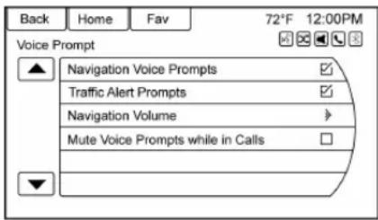 Back Home Fav 72°F 12:00PM Voice Prompt Navigation Voice Prompts Traffic Alert Prompts Navigation Volume Mute Voice Prompts while in Calls ▼