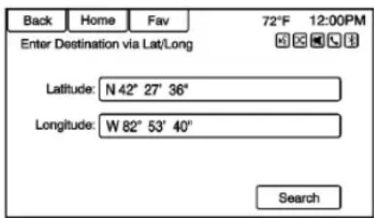 Back Home Fav 72°F 12:00PM Enter Destination via Lat/Long Latitude: N 42° 27' 36" Longitude: W 82° 53' 40' Search