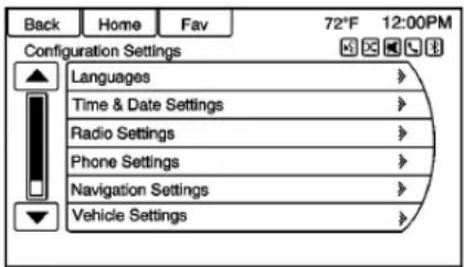 Back Home Fav 72°F 12:00PM Configuration Settings Languages Time & Date Settings Radio Settings Phone Settings Navigation Settings Vehicle Settings