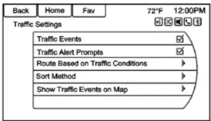 Back Home Fav 72°F 12:00PM Traffic Settings Traffic Events ✓ Traffic Alert Prompts ✓ Route Based on Traffic Conditions ▶ Sort Method ▶ Show Traffic Events on Map ▶