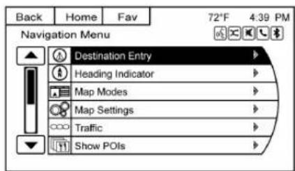 Back Home Fav 72°F 4:39 PM Navigation Menu Destination Entry Heading Indicator Map Modes Map Settings Traffic Show POIs